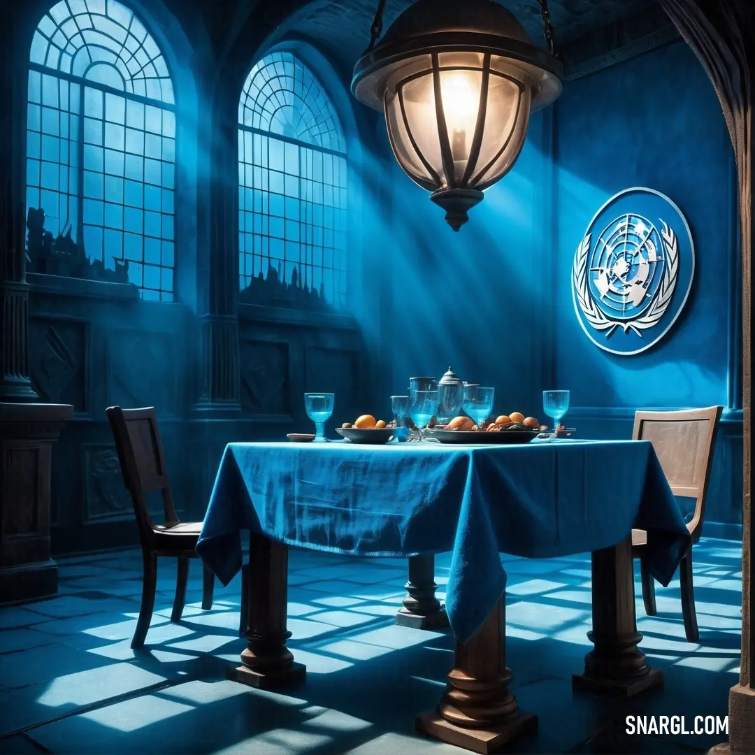 Table with a blue table cloth and a light fixture in a room with windows. Color RAL 640-5.