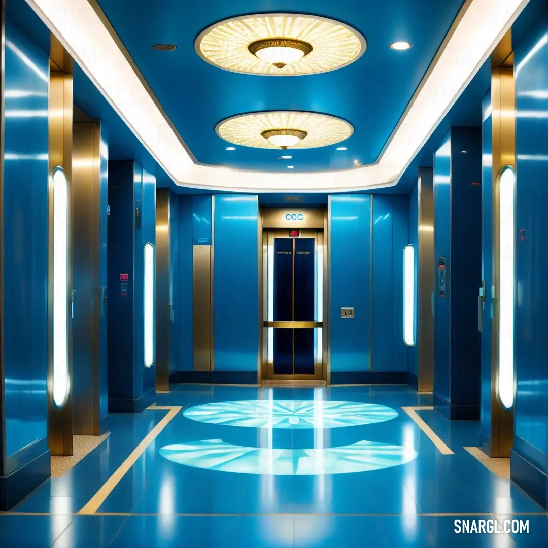 RAL 650-2 color. Blue and gold hallway with a circular light fixture and circular lights on the ceiling