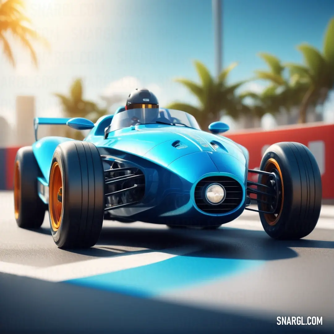 Blue race car driving down a race track with palm trees in the background. Color RGB 14,116,167.