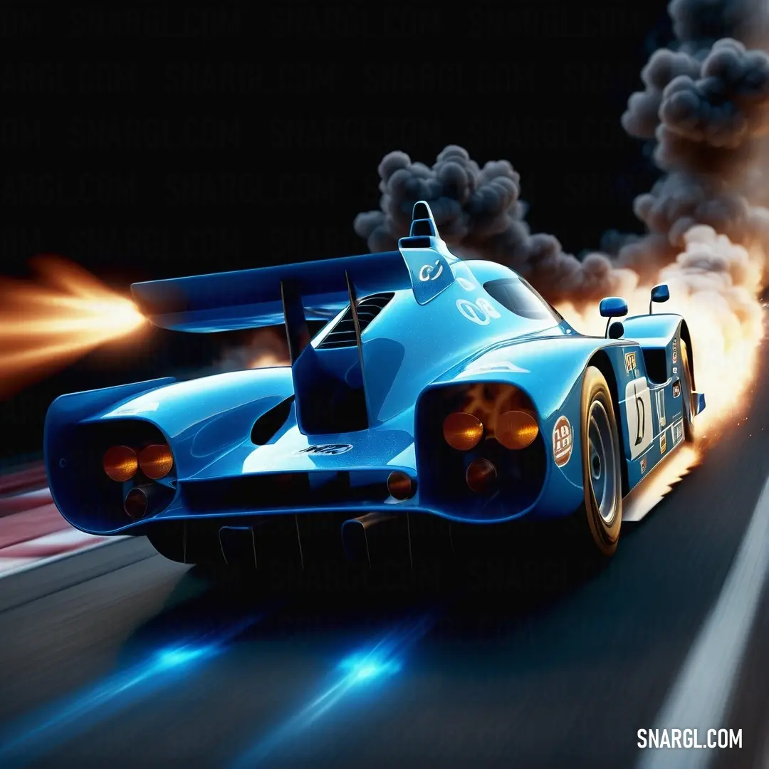 Blue race car with smoke coming out of it's back end on a track with a black background. Example of RGB 14,116,167 color.