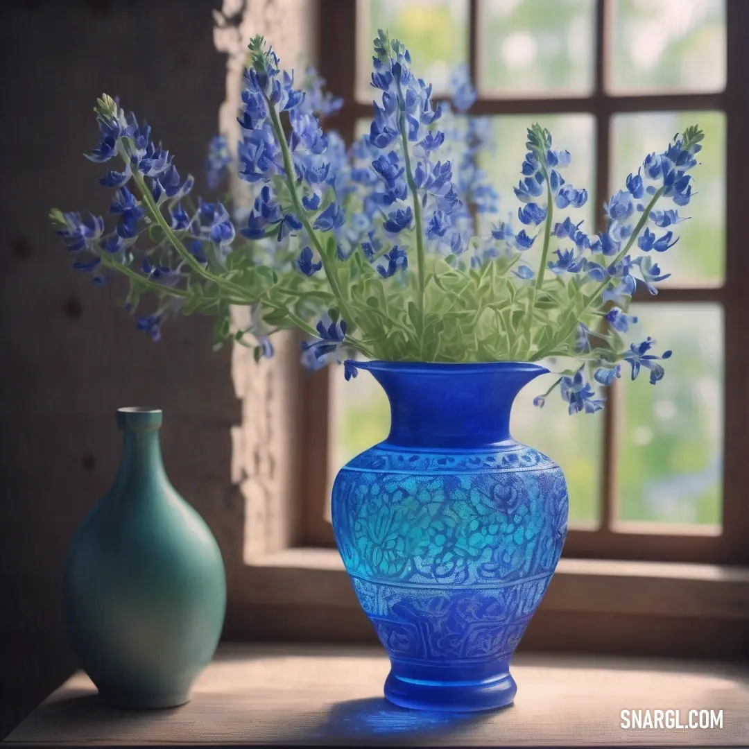Blue vase with flowers in it on a table next to a window with a green vase behind it. Example of CMYK 100,34,11,25 color.