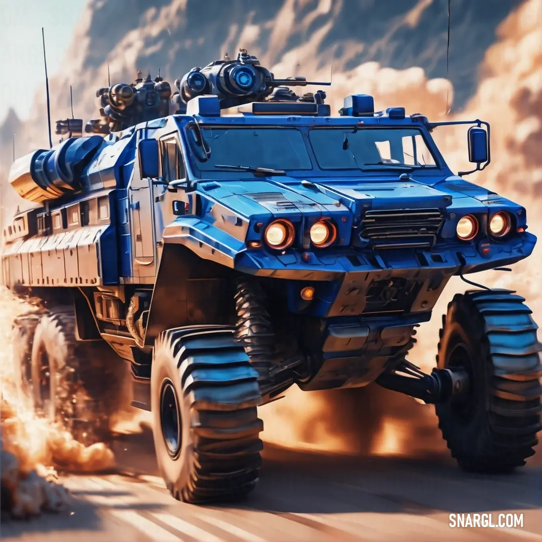 Blue armored vehicle driving down a road with a mountain in the background. Example of #15699E color.