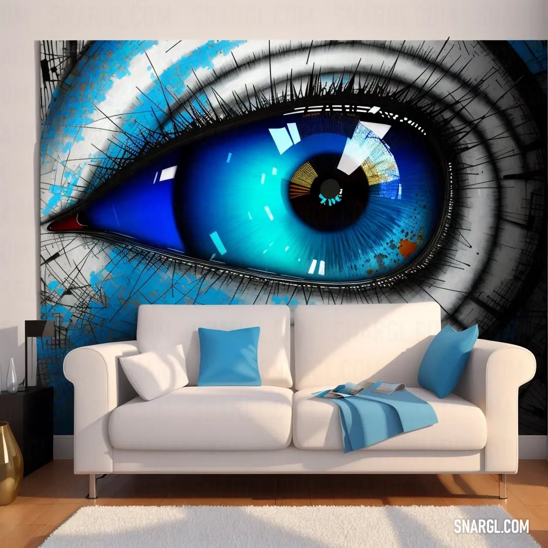 RAL 650-3 color example: Living room with a couch and a large painting of a blue eye on the wall behind it
