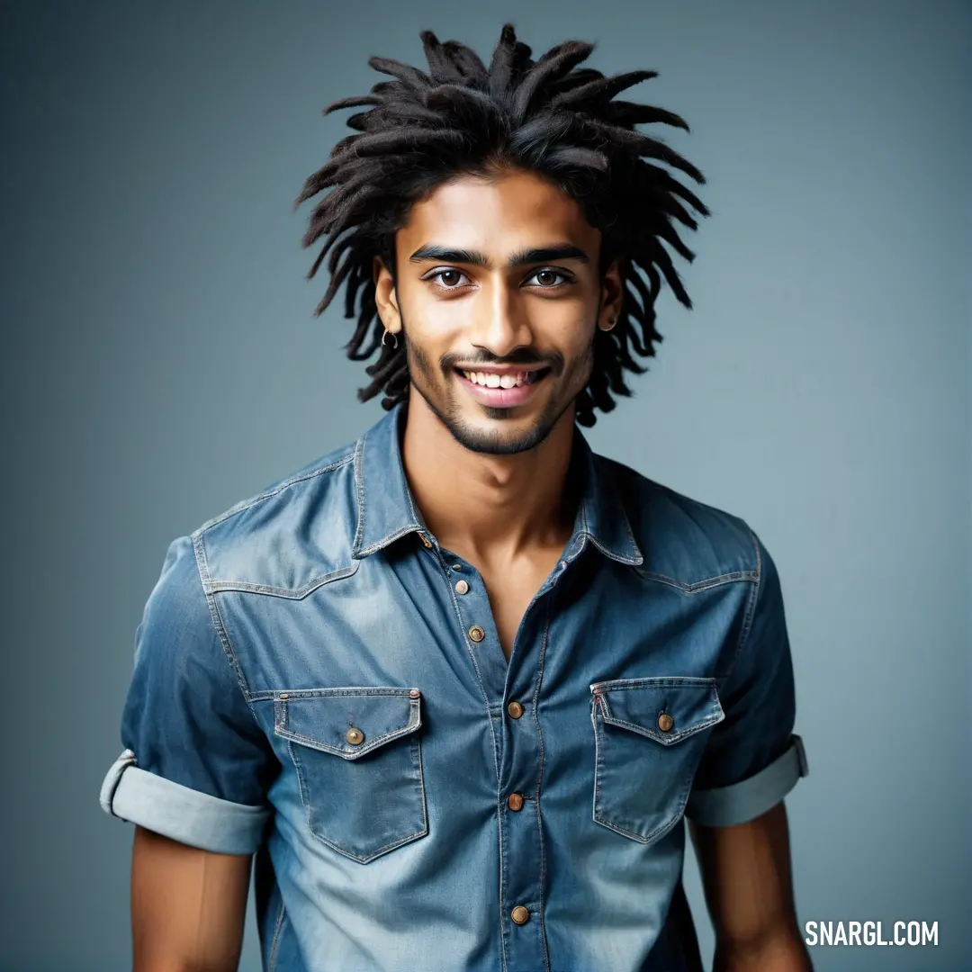 RAL 650-6 color example: Man with dreadlocks smiling for a picture in a denim shirt with a blue background