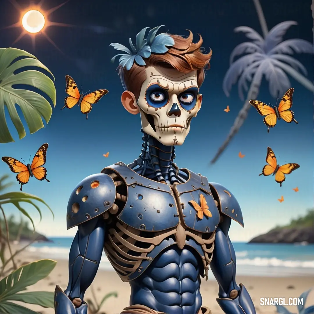 Skeleton with a skeleton face and a skeleton body in a blue suit with butterflies around it. Color #2C4F6B.