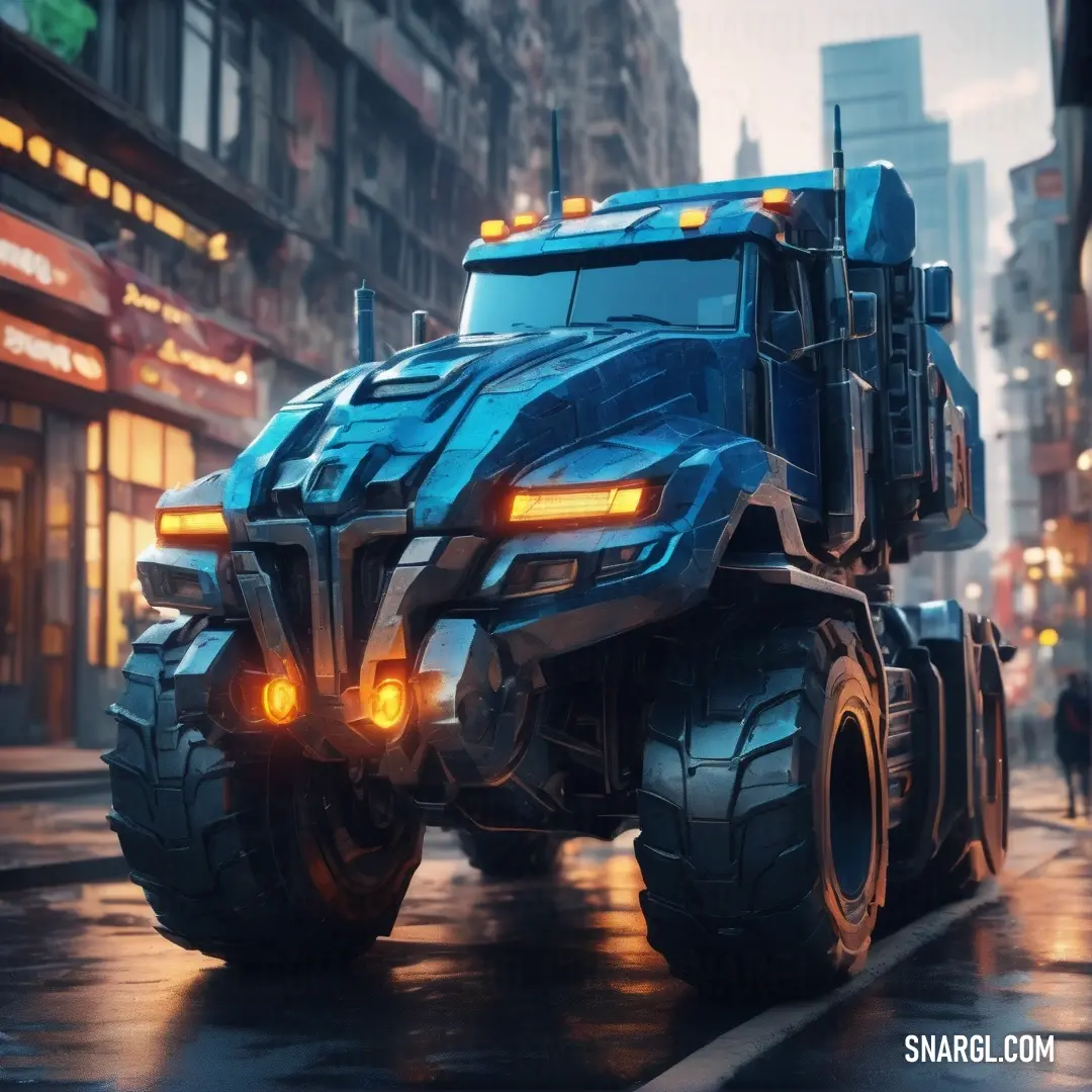 Blue truck driving down a street next to tall buildings in the rain at night time with people walking on the sidewalk