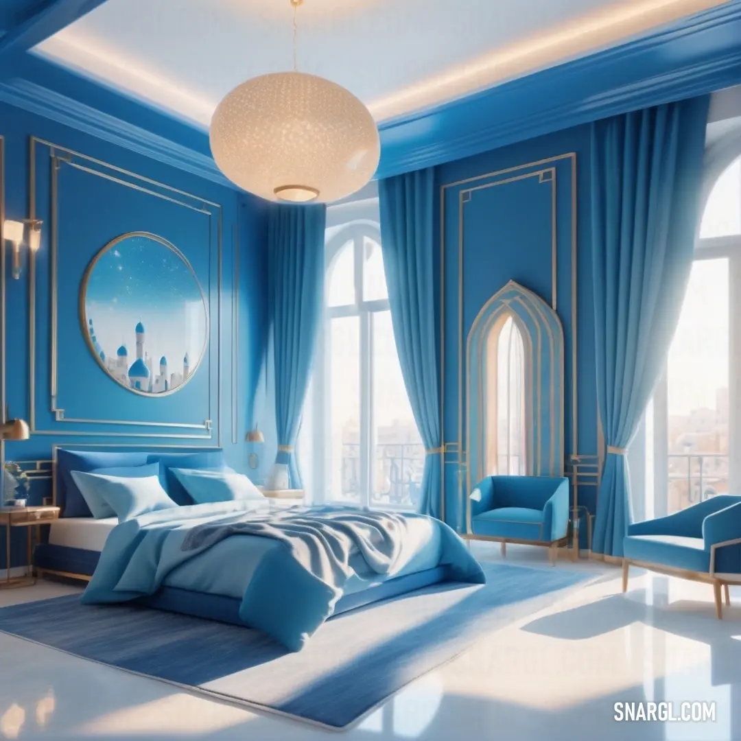 RAL 650-M color. Bedroom with blue walls and a large bed in the middle of the room with a blue carpet