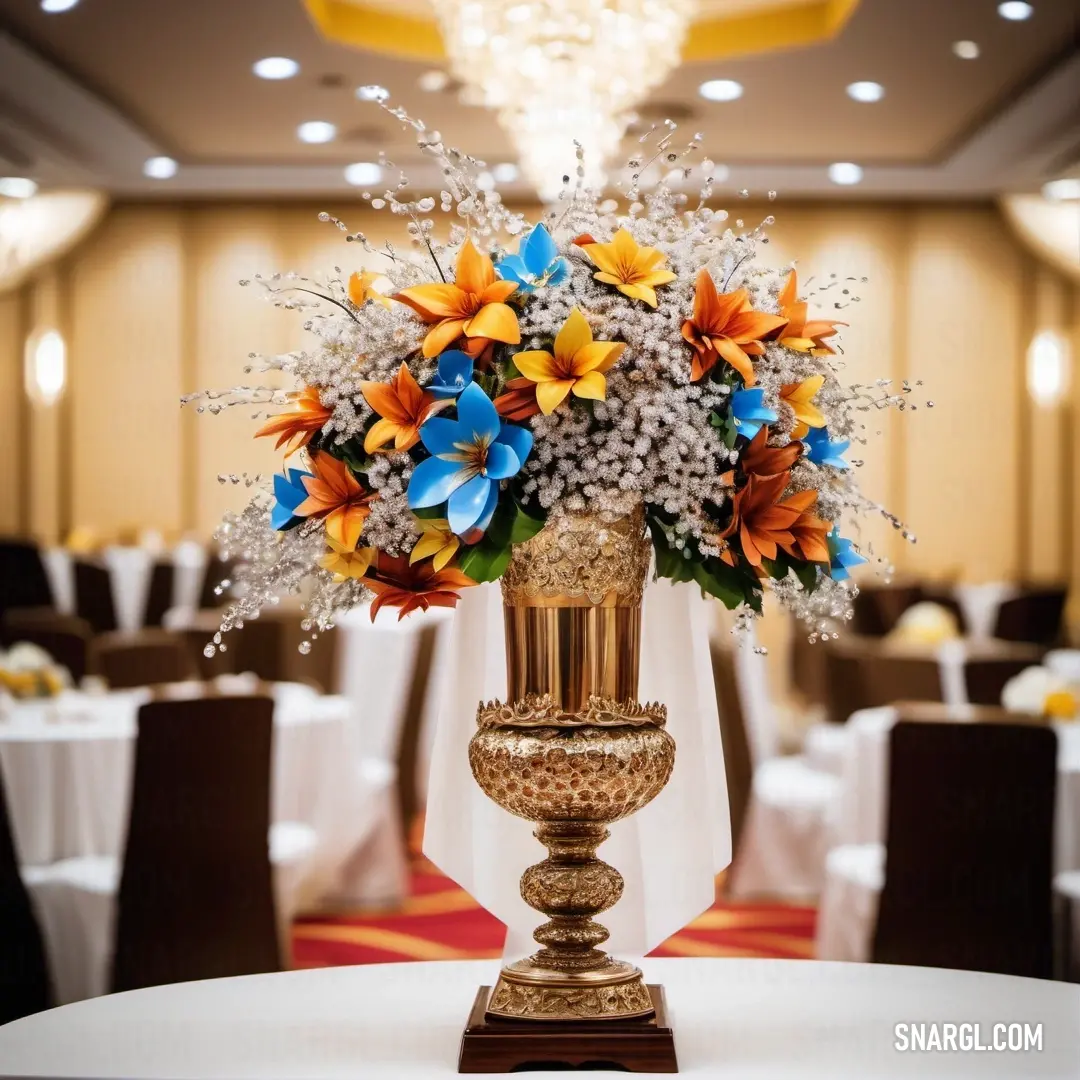 Vase with flowers on a table in a room with tables and chairs in it and a chandelier. Example of CMYK 100,31,14,40 color.