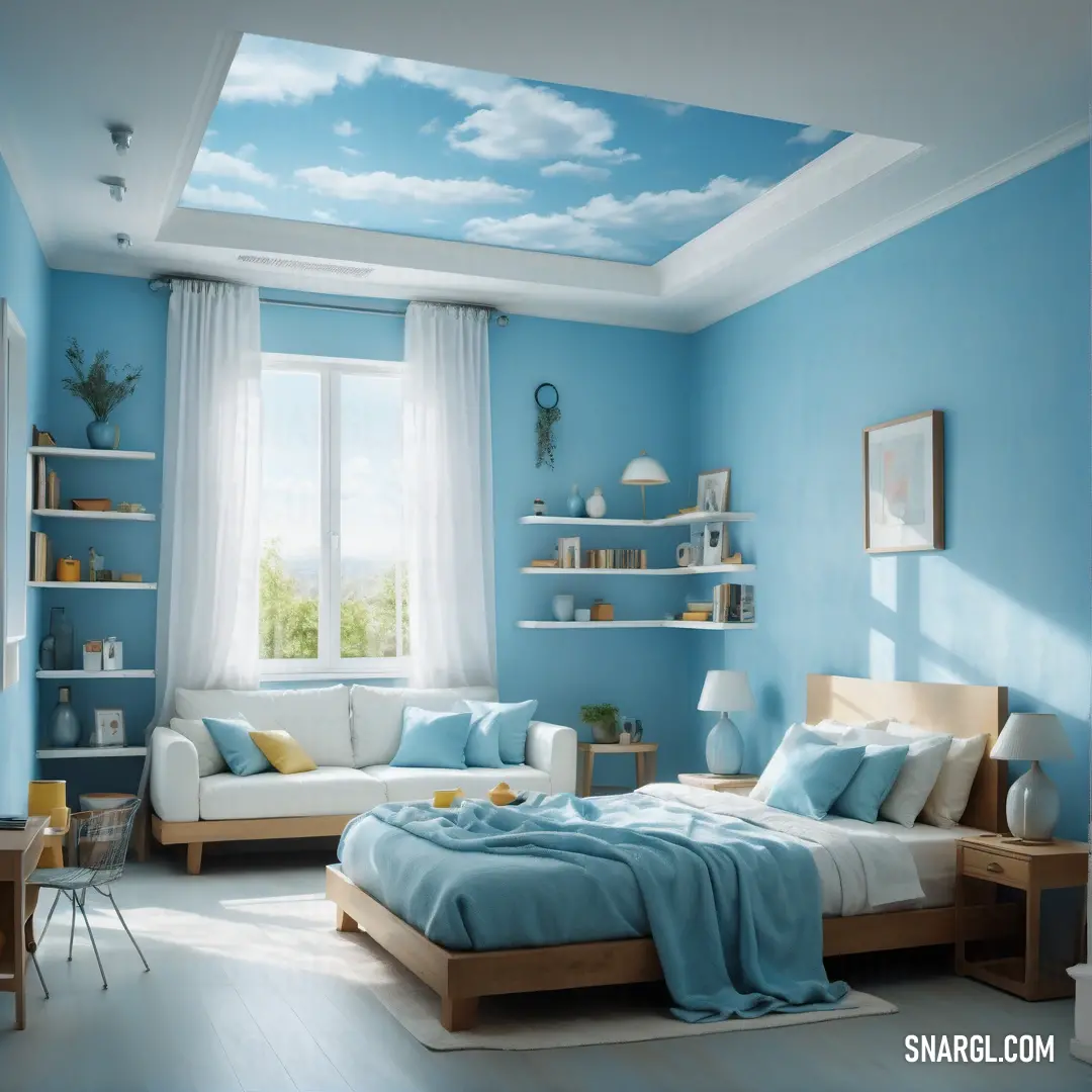Bedroom with a sky painted on the ceiling and a bed in the middle of the room with a blue blanket on it. Example of #5BA6C0 color.