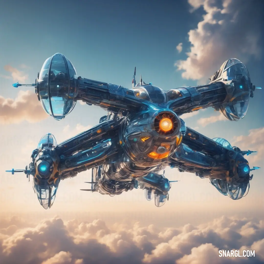 Futuristic flying vehicle in the sky with clouds in the background. Color RGB 91,166,192.