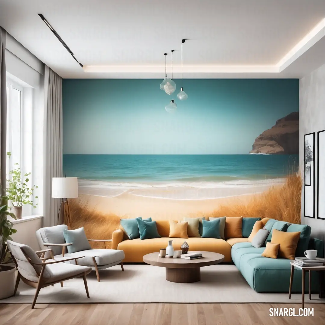 Living room with a large painting on the wall and a couch in the middle of the room with chairs. Example of #5BA6C0 color.