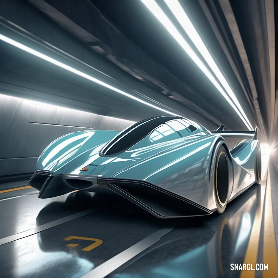 Futuristic car driving through a tunnel in a futuristic city with lights on the ceiling. Color #5BA6C0.