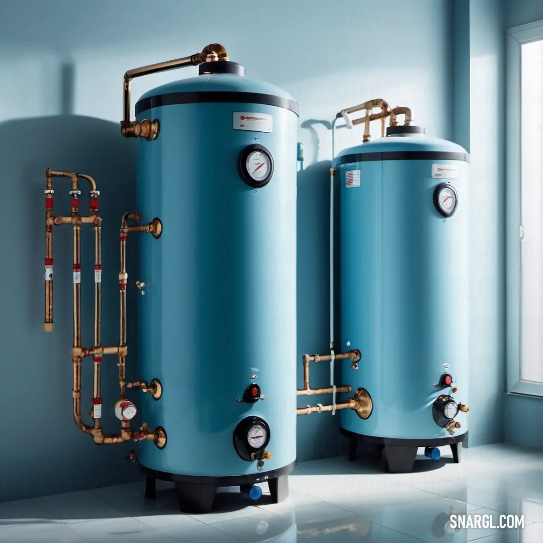 Two large blue tanks are next to each other in a room with a window and a tile floor on the floor. Color RAL 660-3.