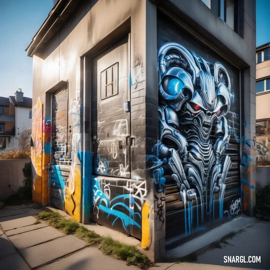 Building with a graffiti covered door and a building with a window and a door with a face on it. Example of #74C3DA color.