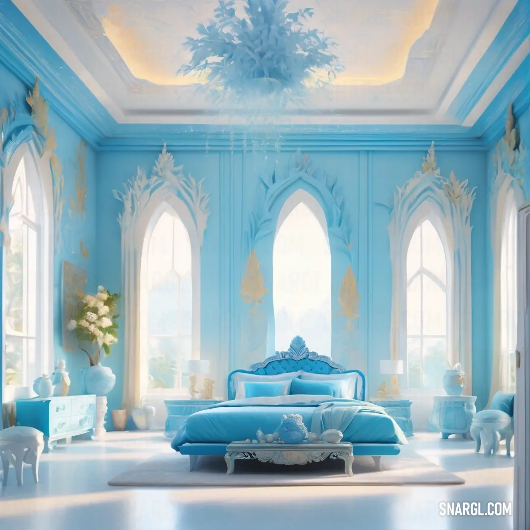 Bedroom with a blue bed and a chandelier in the ceiling and windows with blue curtains. Color RAL 660-5.