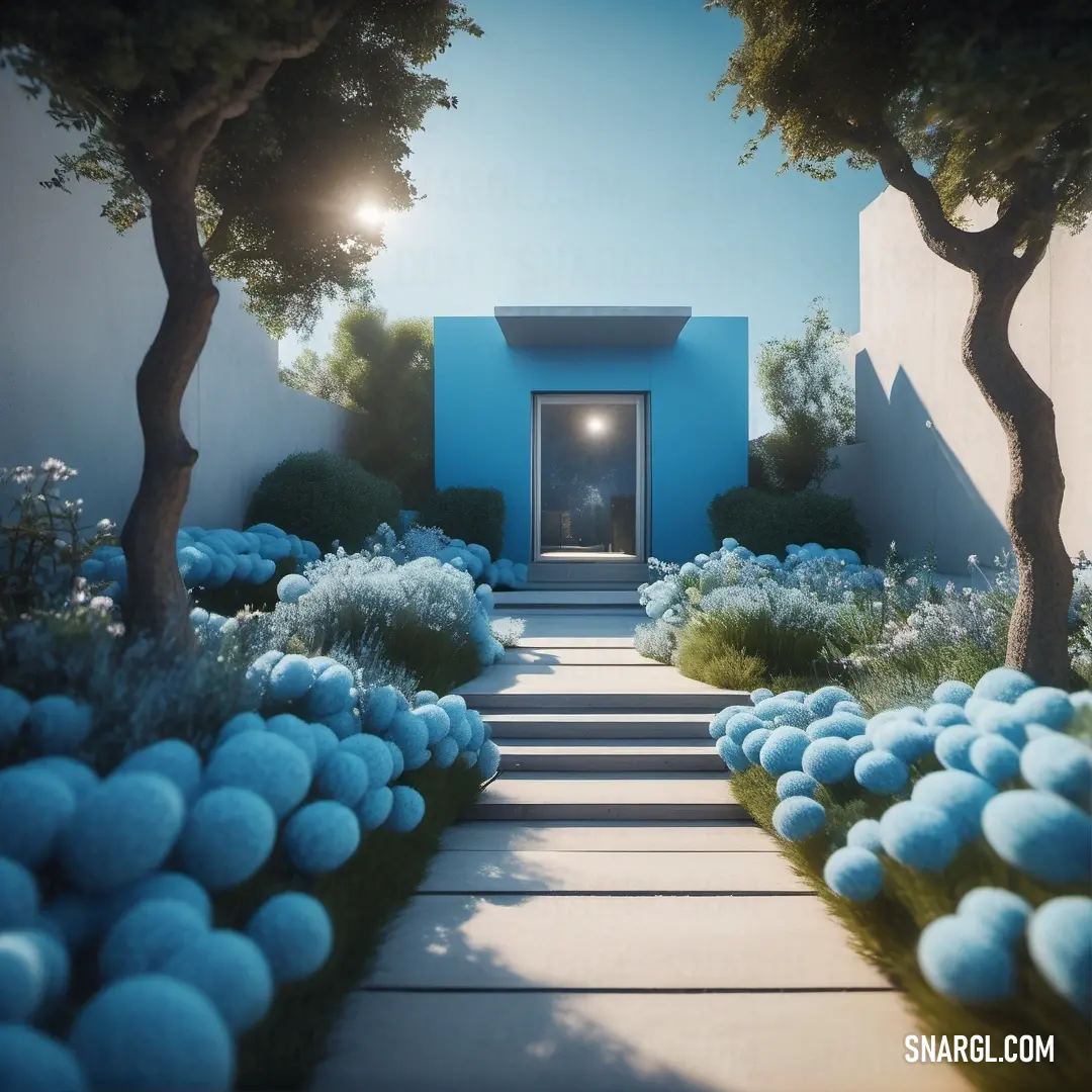 RAL 660-5 color. Blue building with a white door and a pathway leading to it with blue flowers and trees on either side
