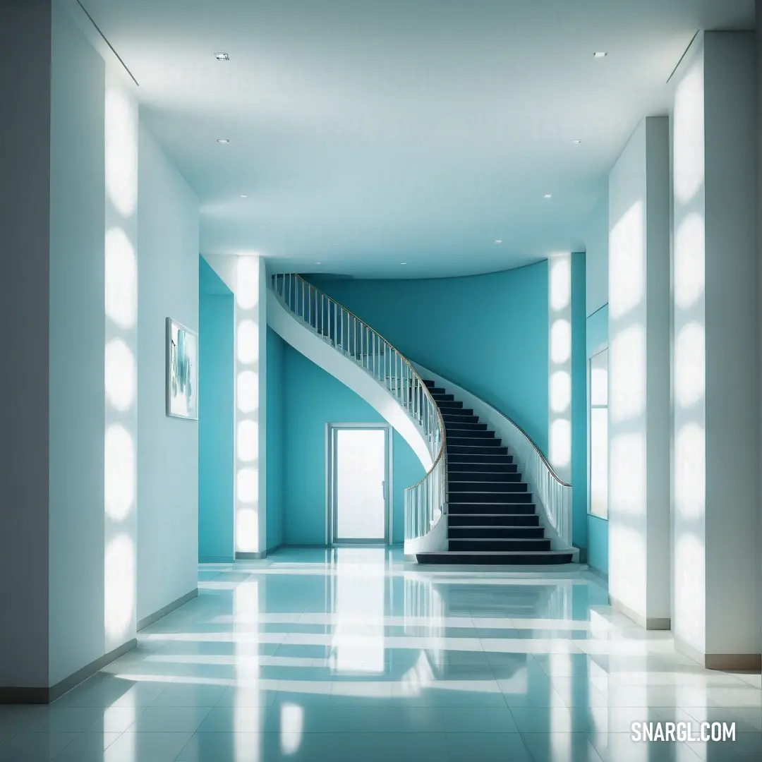 Staircase in a blue room with a white railing and a blue wall with windows and a door with a light coming through