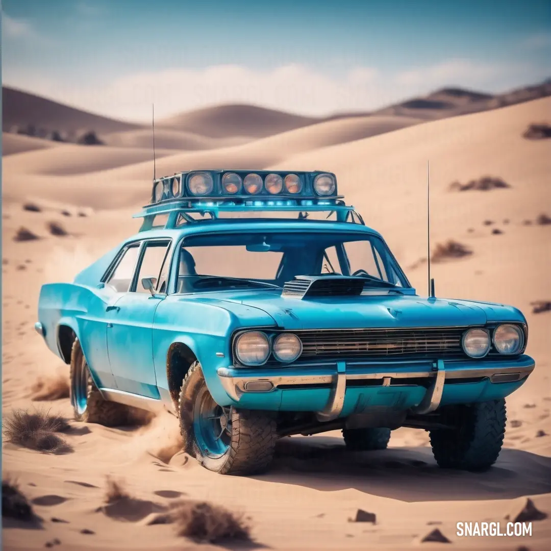Blue car driving through the desert with a light on top of it's roof. Example of #6CA1B4 color.
