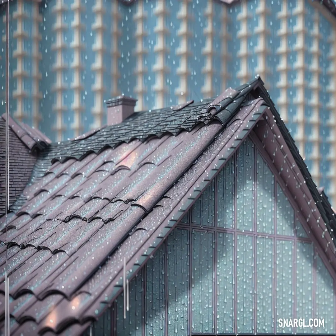 House with a rain gutter on the roof and a clock on the wall behind it. Example of CMYK 70,17,30,10 color.