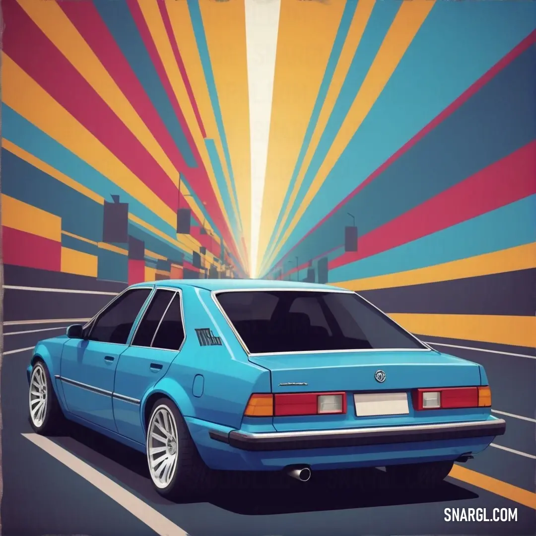 Blue car is driving down a street with a colorful background. Color RAL 670-2.