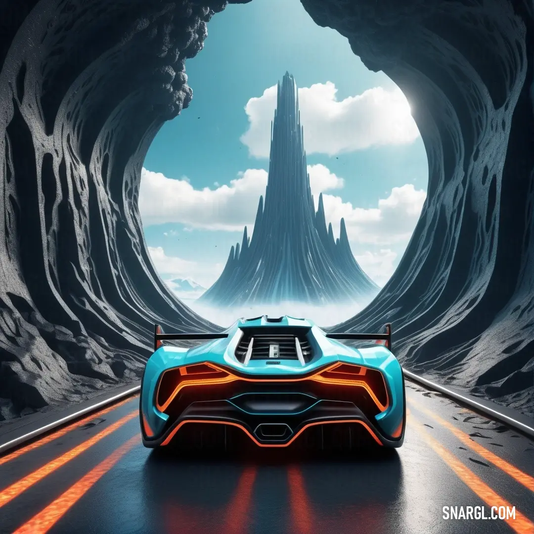 Futuristic car driving through a tunnel with a mountain in the background. Example of CMYK 43,0,6,0 color.