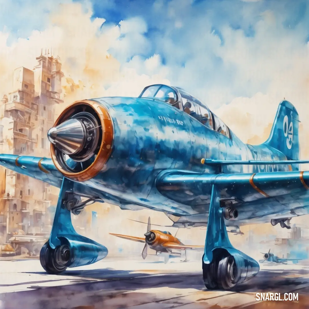 Painting of a blue fighter plane on a runway with a city in the background. Example of RGB 160,218,245 color.