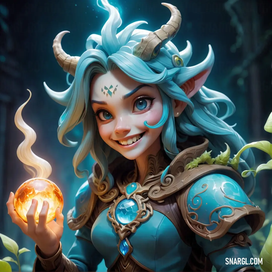 Cartoon character holding a glowing ball in her hand and smiling at the camera with a horned face and blue hair