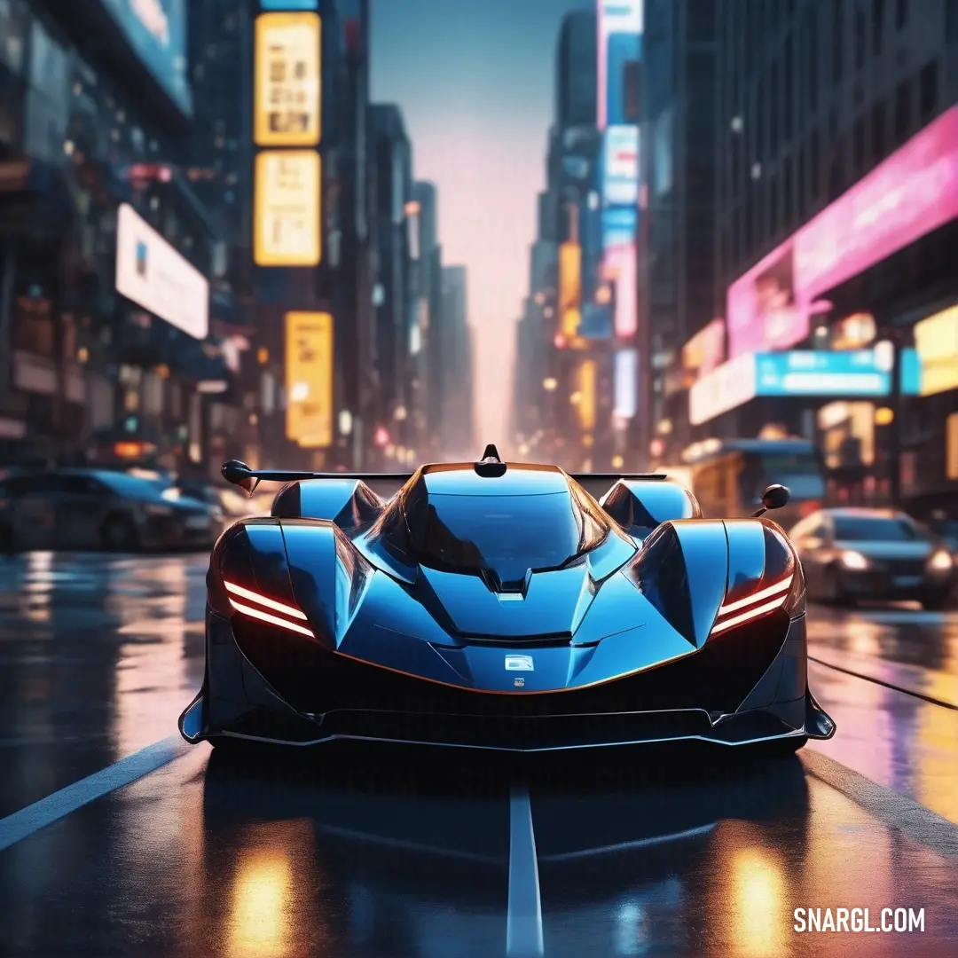 Futuristic car driving down a city street at night with neon lights on the buildings. Example of RAL 670-2 color.