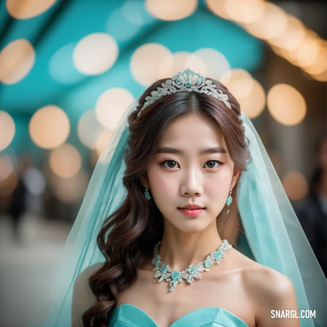 Woman in a blue dress wearing a tiara and a veil with a tiara on her head. Color #A0DAF5.