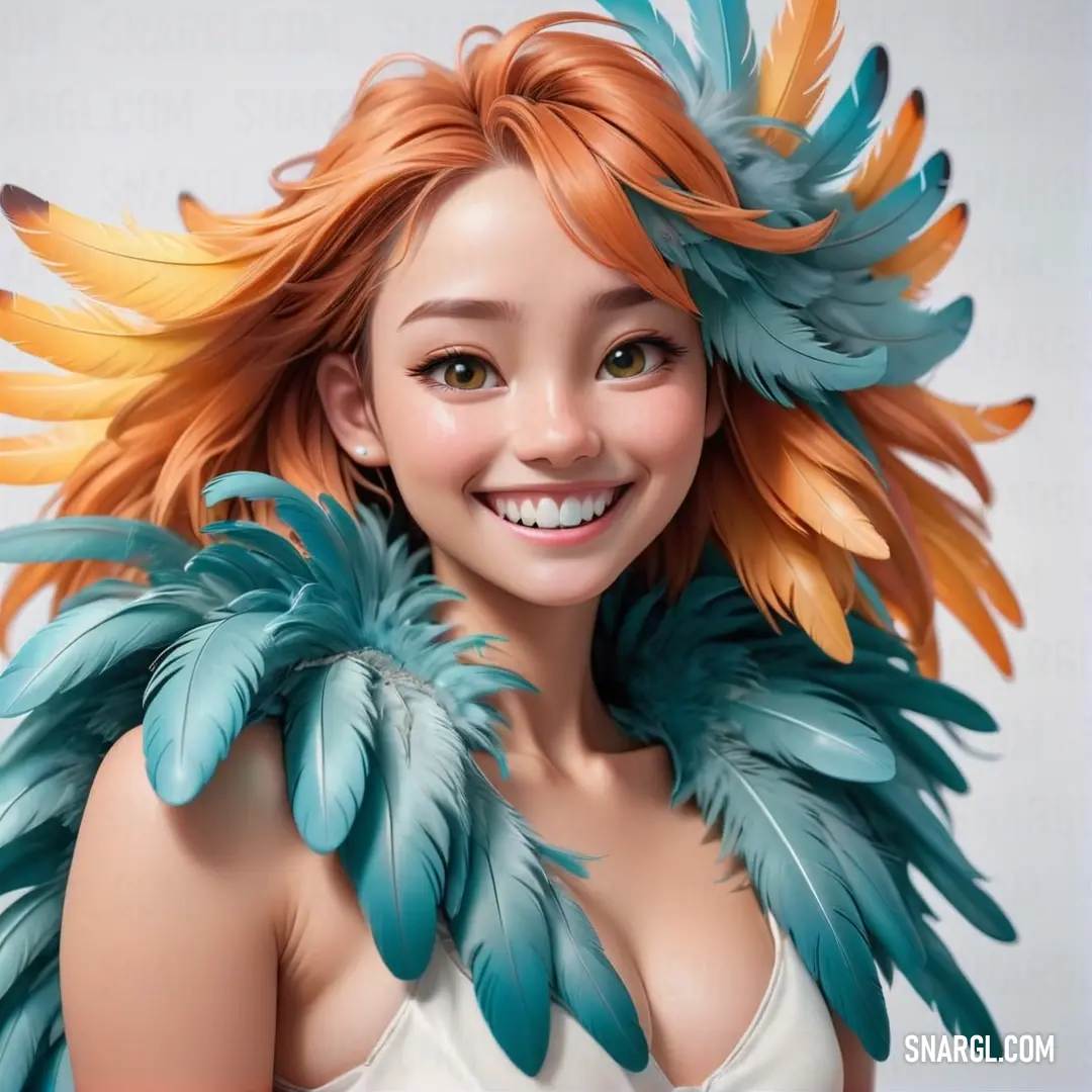 Woman with orange hair and feathers on her head smiling at the camera with a smile on her face. Example of CMYK 43,0,6,0 color.