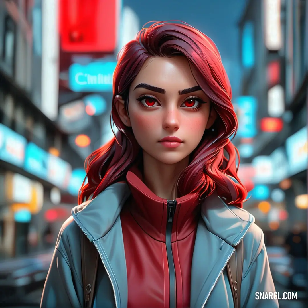 Woman with red hair and a blue jacket on a city street at night with neon signs in the background. Color RGB 160,218,245.