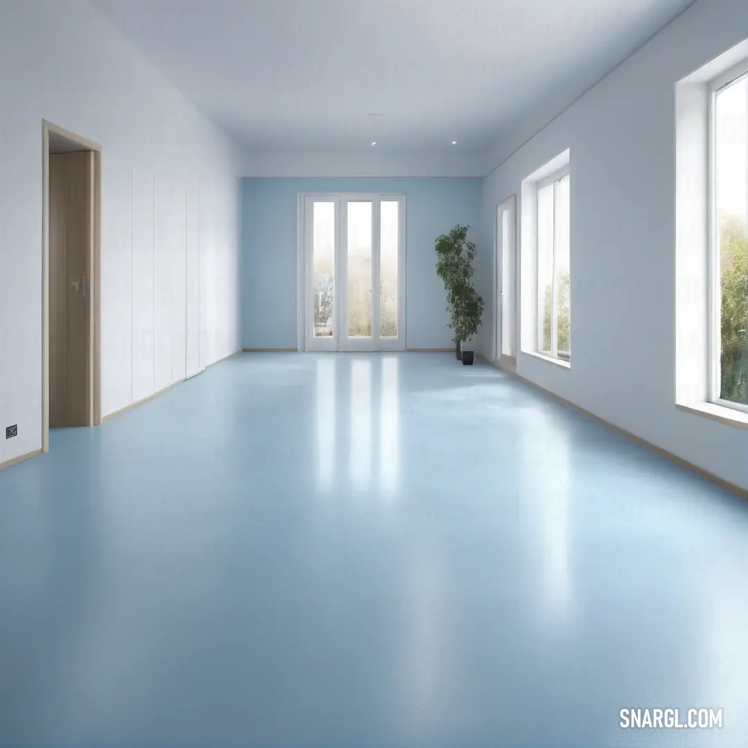 A spacious room showcasing a striking blue floor that enhances the ambience, featuring a flourishing potted plant in the corner. A large window invites cheerful daylight, creating a bright and invigorating environment.