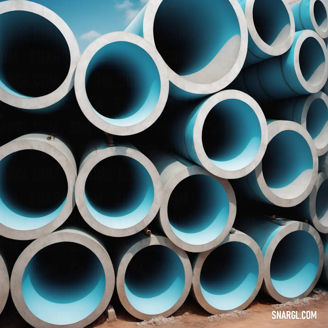 A dramatic landscape showcasing a stacked arrangement of industrial pipes set on rich brown earth, beneath a vast, bright blue sky scattered with fluffy white clouds. The scene captures the essence of engineering against nature's backdrop.