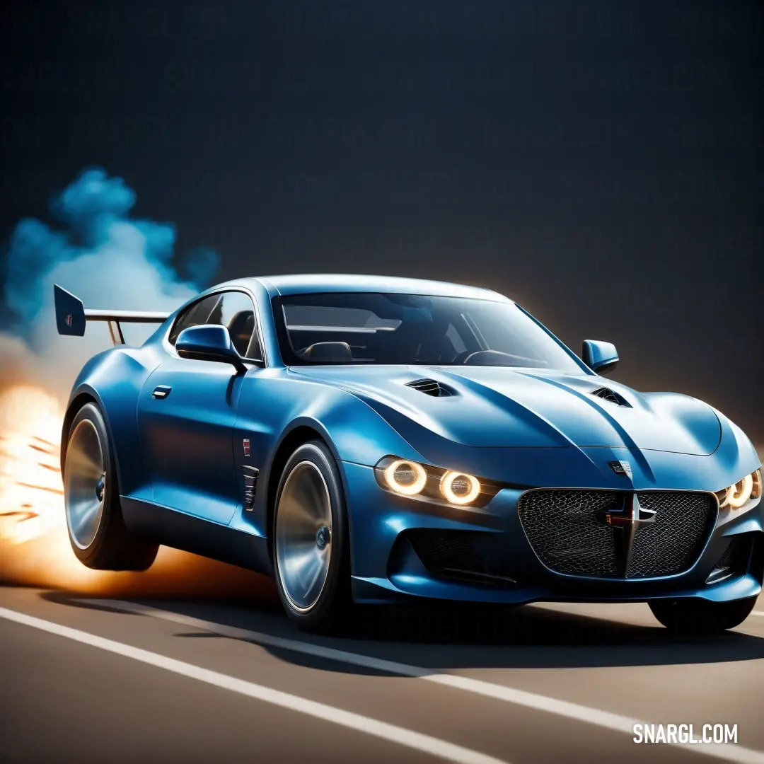Blue sports car with a lot of smoke coming out of it's hoods on a road. Color #96C6DD.