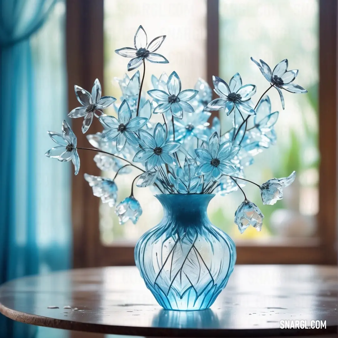 Blue vase filled with lots of blue flowers on a table next to a window with blue curtains. Color RGB 150,198,221.