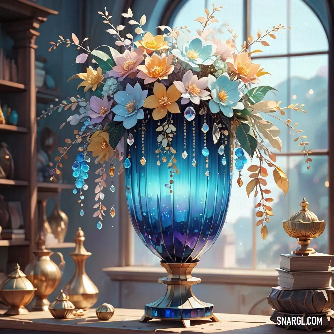 Blue vase with flowers on a table in front of a window with a bookcase and vases. Color #96C6DD.