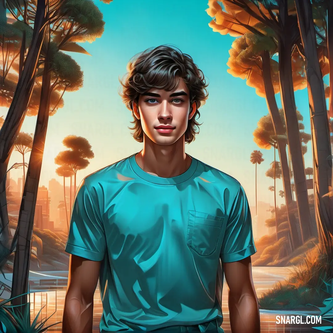 Painting of a man in a blue shirt standing in front of a forest with trees and a lake. Color RGB 150,198,221.