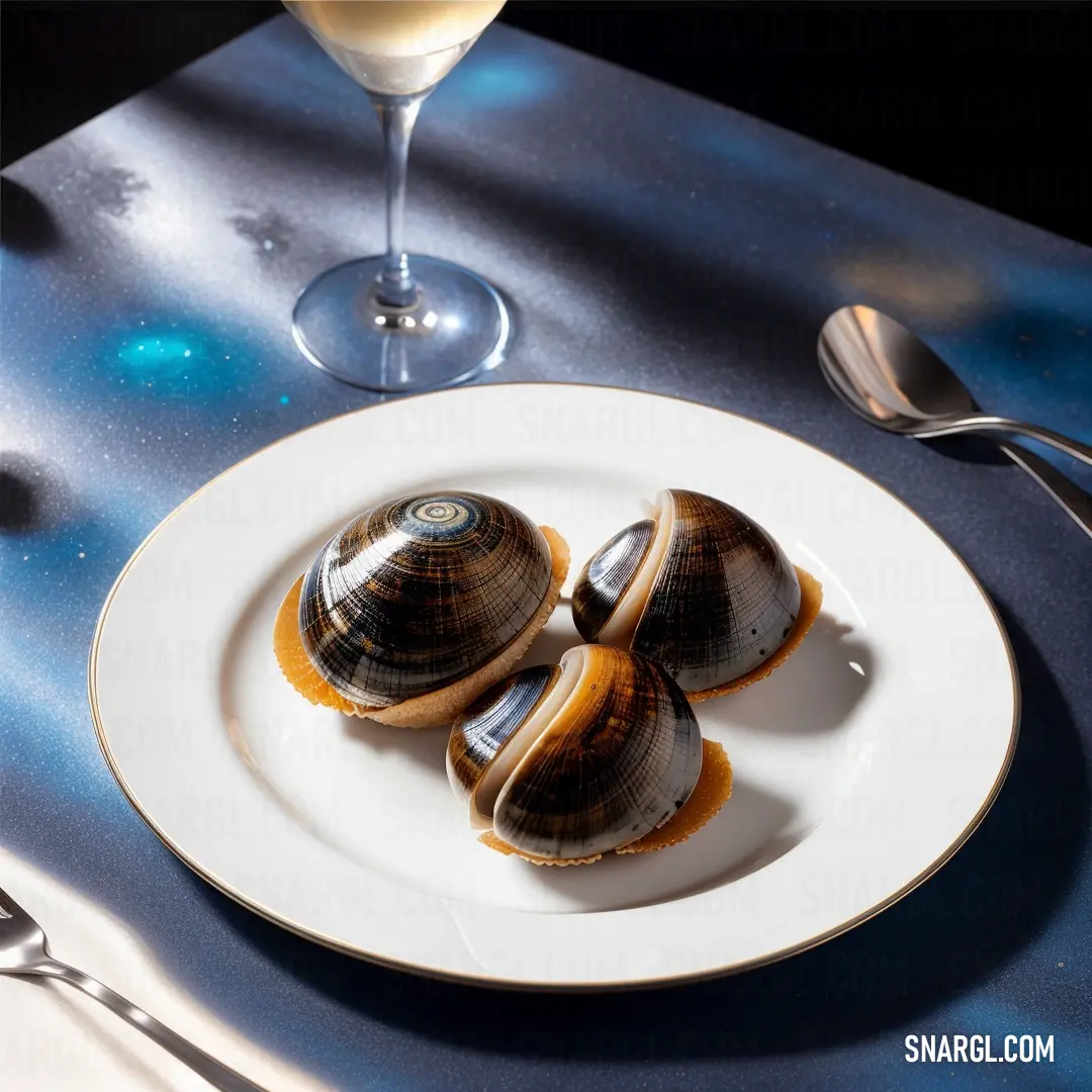 RAL 670-3 color. Plate of clams on a table with a glass of wine and spoons on it