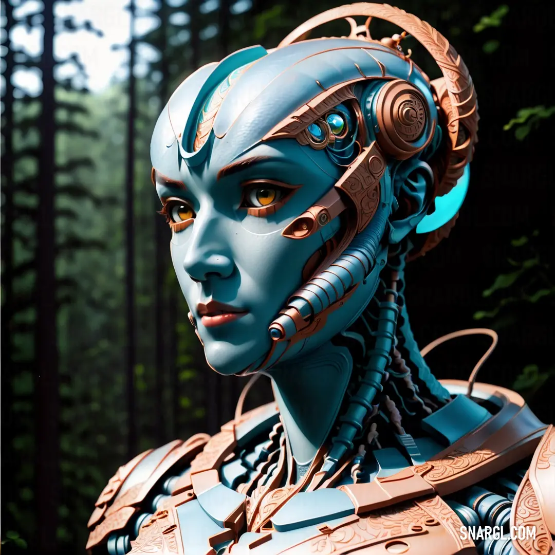 A captivating blue-skinned alien woman stands confidently in a sci-fi setting, her helmet gleaming under the artificial light. With piercing eyes and a futuristic suit, she represents the boundless possibilities of intergalactic exploration.