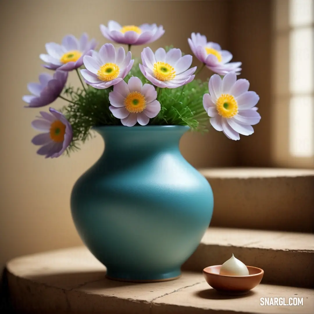 A beautiful blue vase filled with vibrant purple flowers, resting on a set of stairs next to a bowl of delicate eggshells. The arrangement of colors, from the deep blue of the vase to the rich purples of the flowers, creates a peaceful, artistic scene.