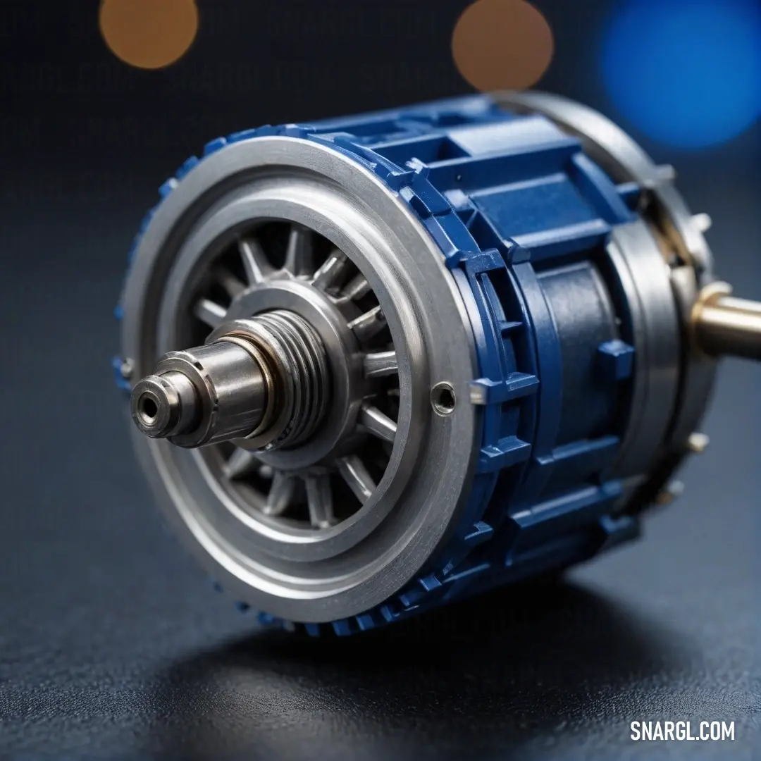 A close-up of a blue motor on a polished table captures its intricate design against a softly blurred background. The image emphasizes the rich hues of the RAL 680-3 color, showcasing craftsmanship and attention to detail.