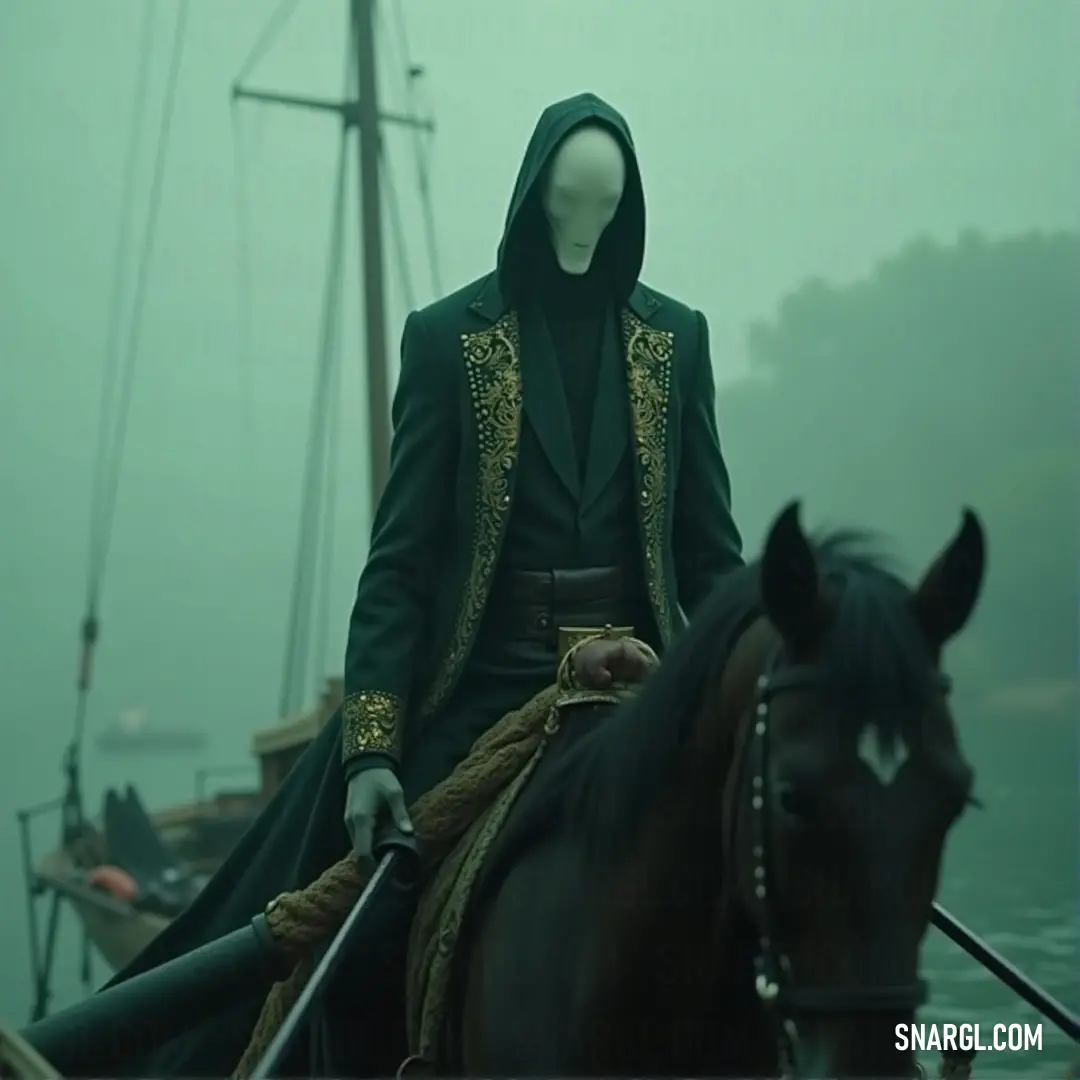 A hooded man in a green outfit rides confidently on a galloping horse through a shimmering body of water, sword drawn. The sense of motion and beauty amidst the greenery radiates a feeling of adventure and valor.