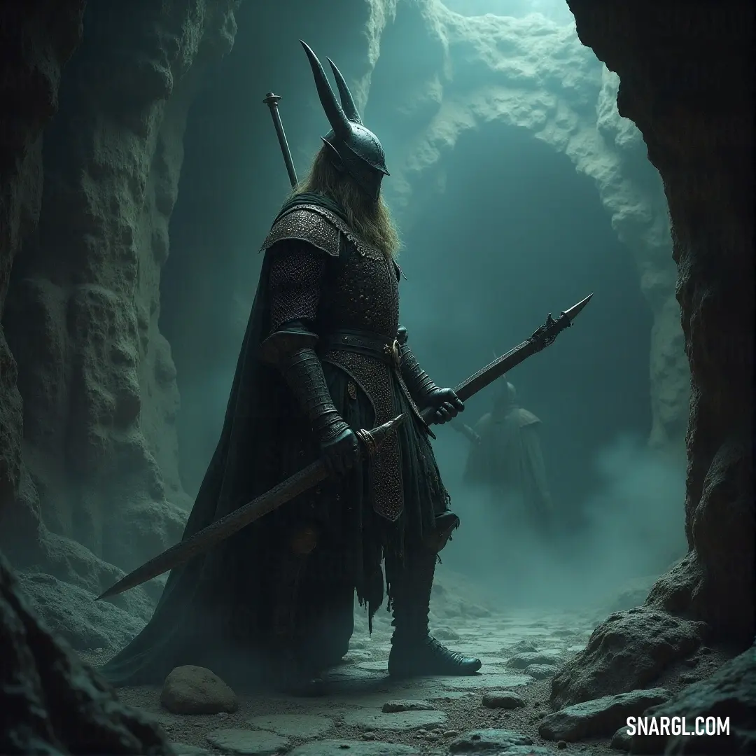 A man dressed in an elaborate horned costume stands courageously in a mysterious cave, wielding two swords. Surrounding him, the ambient fog and beams of light filtering from above evoke a sense of peril and bravery in this striking RAL 680-3 themed image