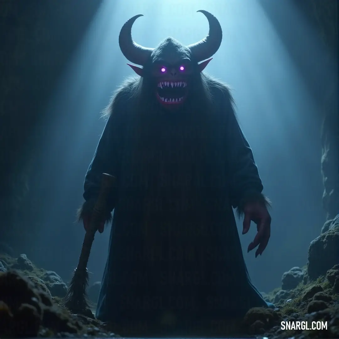 A shadowy figure of a man dressed in a horned costume captures attention as a bright light casts dramatic shadows, illuminating the intricate demon mask he wears, creating an intense and mystical aura in the dim surroundings.