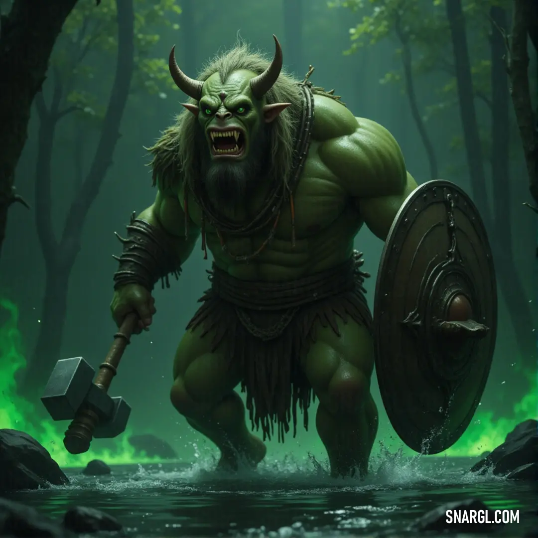 A formidable troll stands his ground in a dense forest, brandishing a large axe and a shield, surrounded by swirling green smoke. The air crackles with energy, creating a breathtaking atmosphere of danger and suspense.