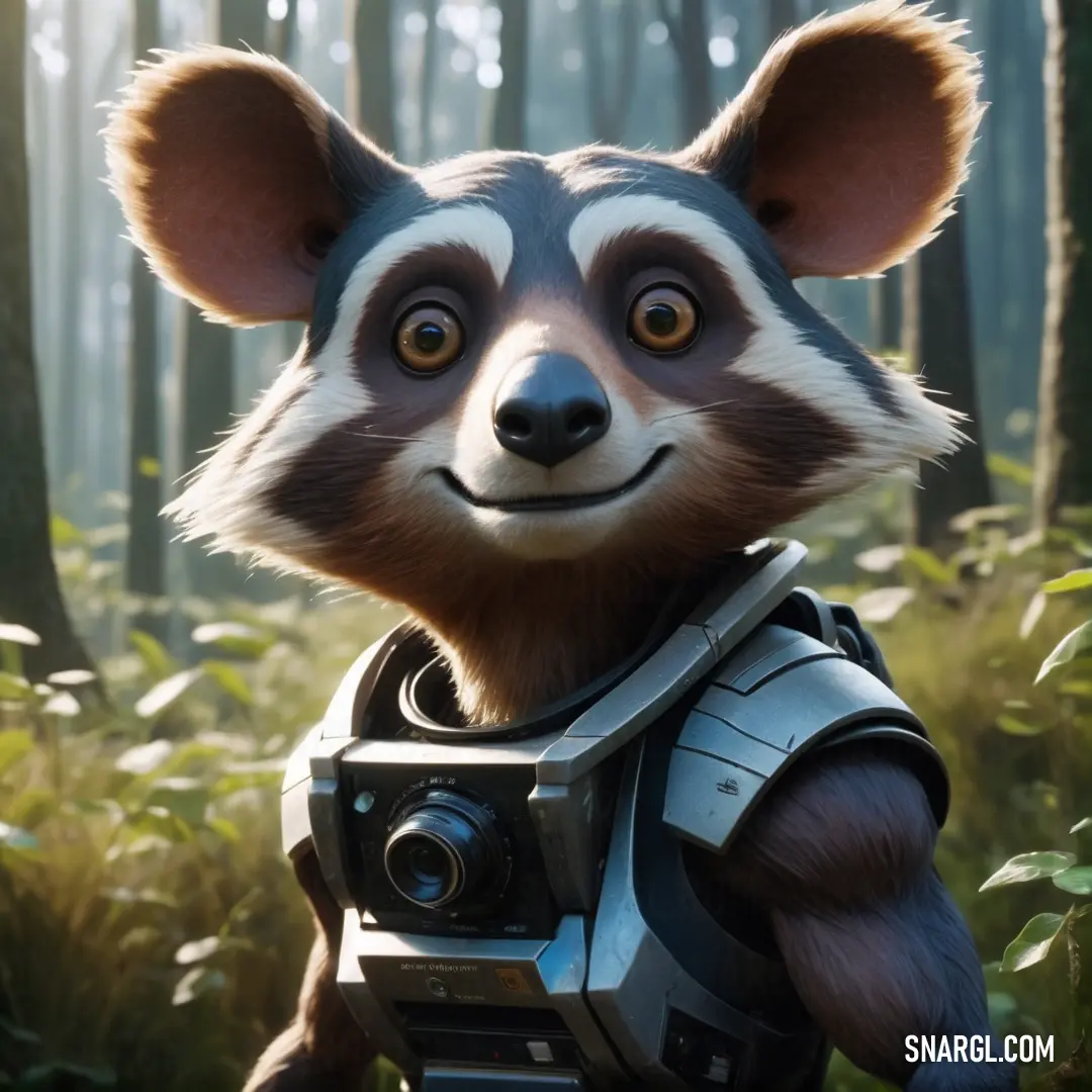 A raccoon, sharp in a tailored suit, stands confidently in a lush forest, framed by towering trees and thick bushes. The contrast between its sharp attire and the untamed wilderness makes for an intriguing and whimsical scene.