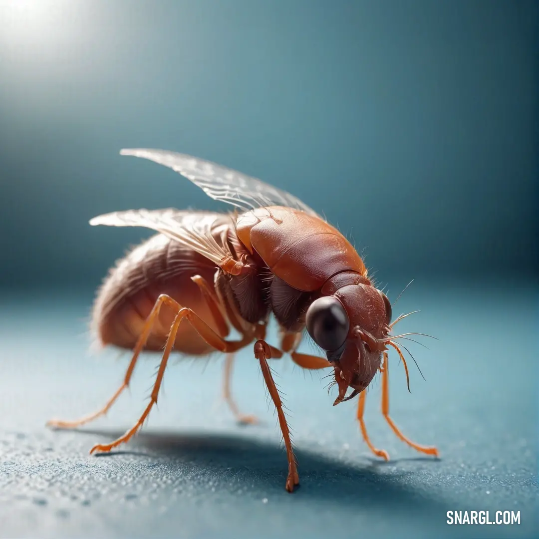 A close-up view of a fly rests atop a smooth blue surface, highlighted by a soft light shining in the background. The intricate details of the fly's features create an intriguing study of nature's beauty against a calming backdrop.