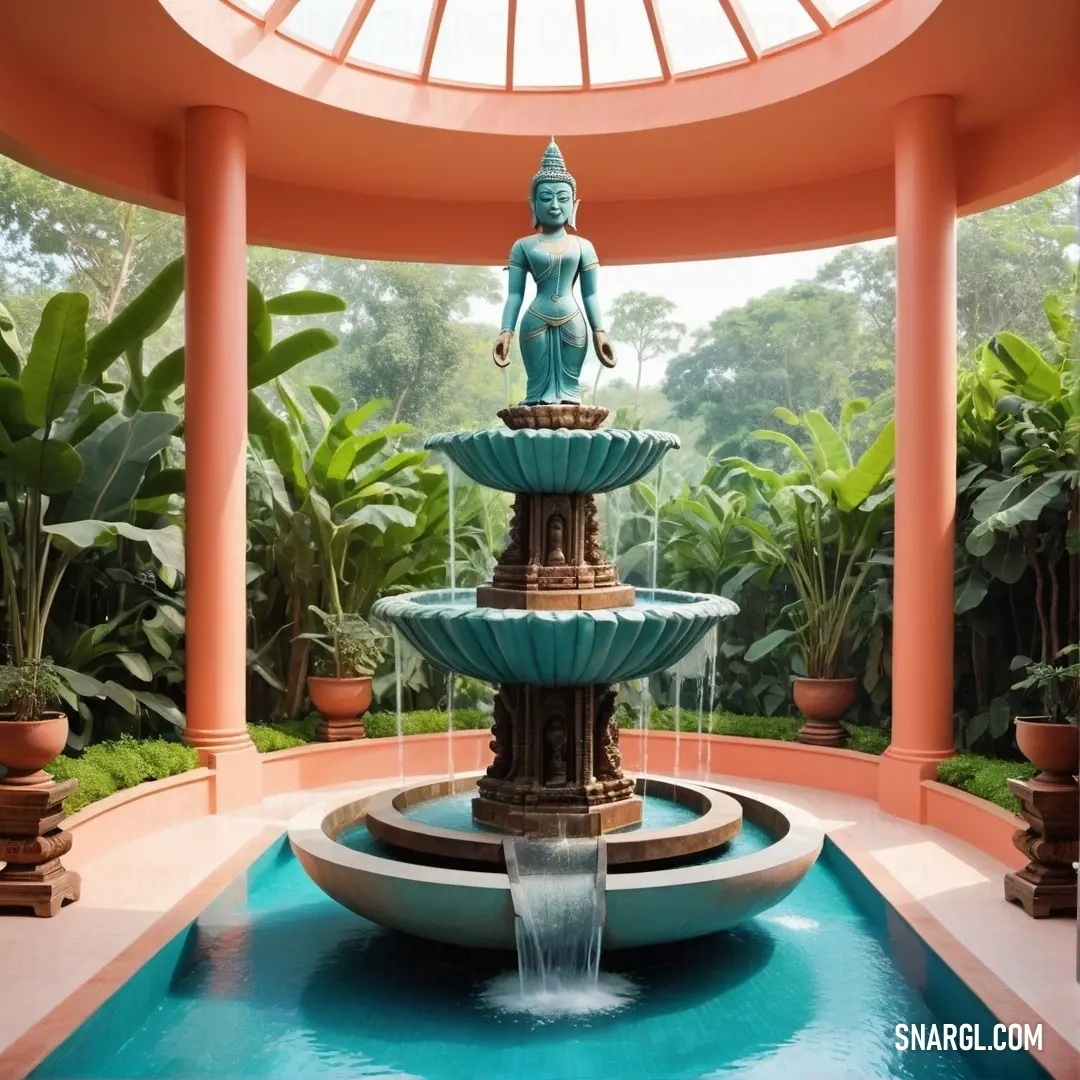 A beautiful garden fountain, with a striking statue in the center, surrounded by greenery. Sunlight filters through an overhead skylight, casting a serene glow over the peaceful garden scene.