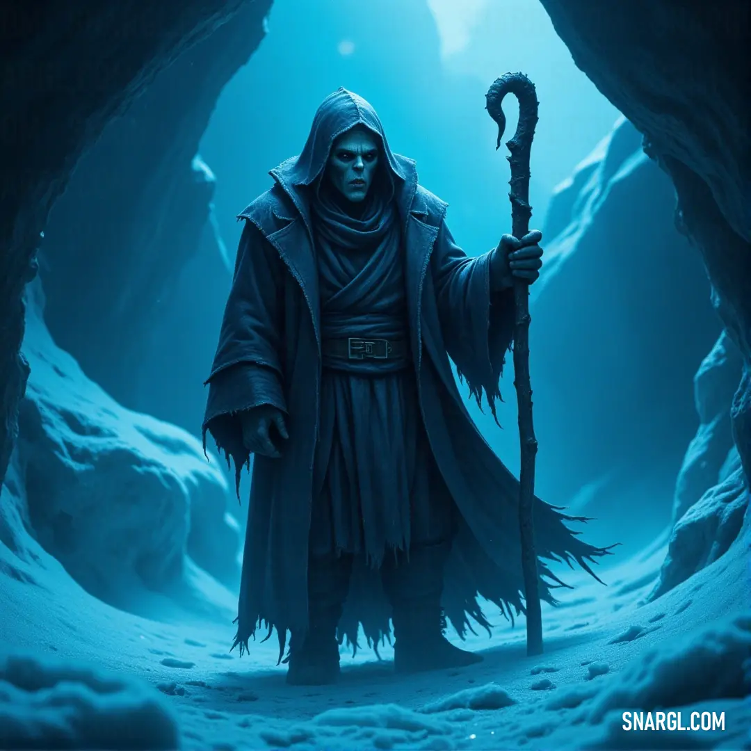 A figure cloaked in a hooded robe stands in a mystical cave adorned with glistening ice formations and soft snow at their feet. The ethereal environment showcases a rich color palette of CMYK shades, enhancing the sense of mystery.