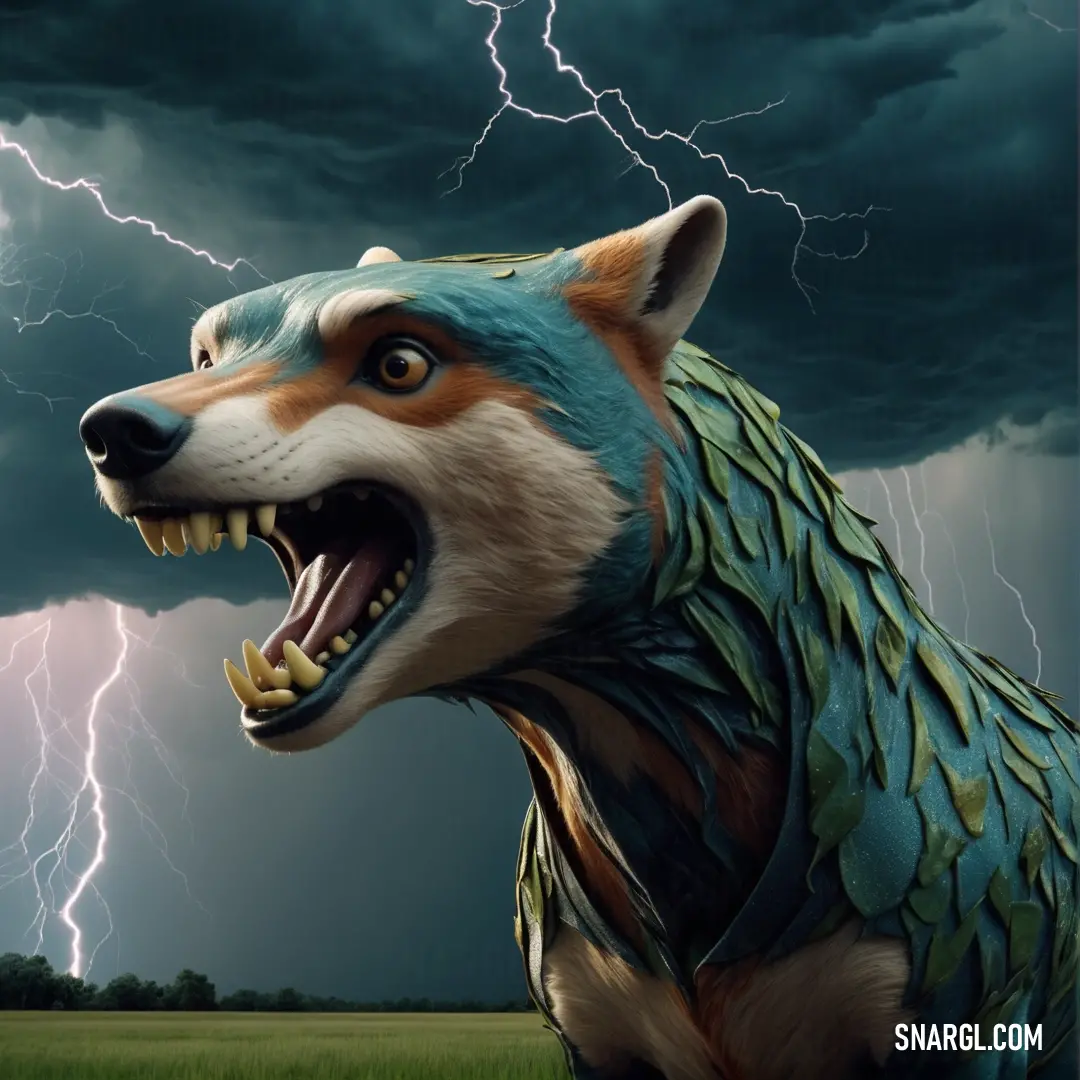 A fierce wolf stands tall in a stormy forest, illuminated by a bolt of lightning. The wolf’s intense gaze and powerful stance create a striking image of strength and resilience, as nature's fury surrounds it.